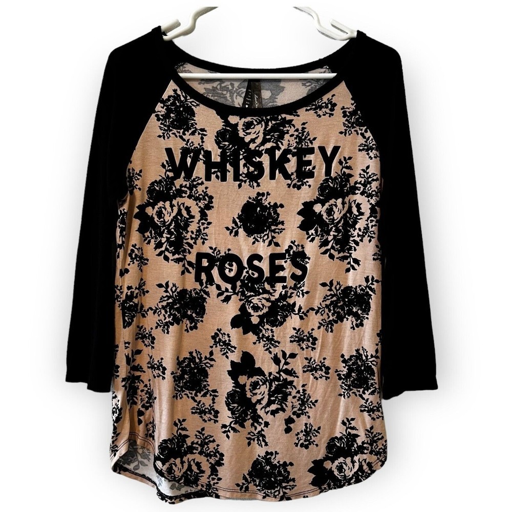Luna Chix Women’s Medium Black Dusty Pink Rose Whiskey Roses Raglan Tee Cowgirl